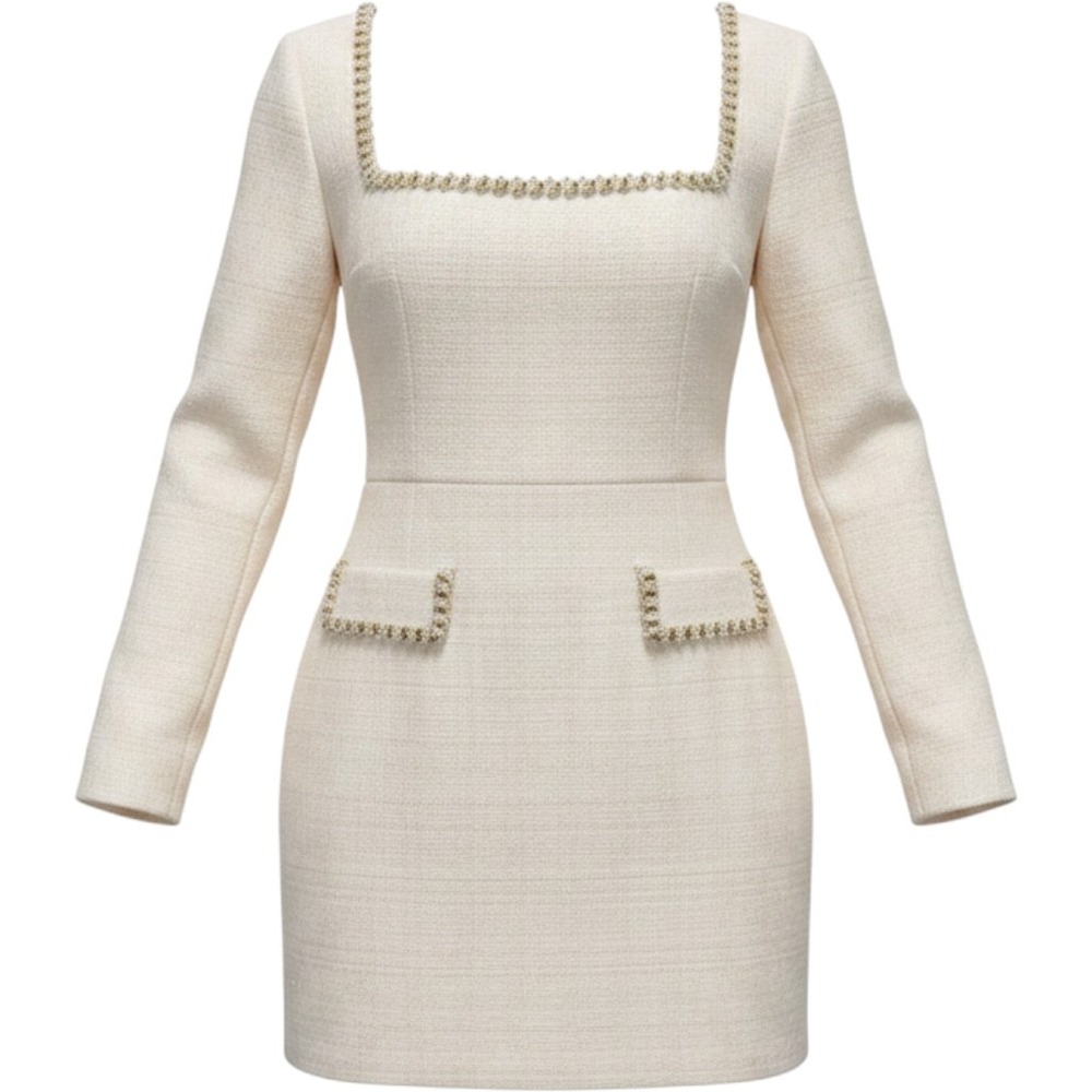 Nadine Merabi Lottie Dress Women 12 Natural NWT Pearl Trim Tweed Mini NM749